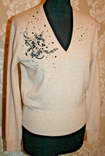TSE Jumper 100% Cashmere Cream/Ecru & Black Beads/Sequins V-Neck Knit Sweater