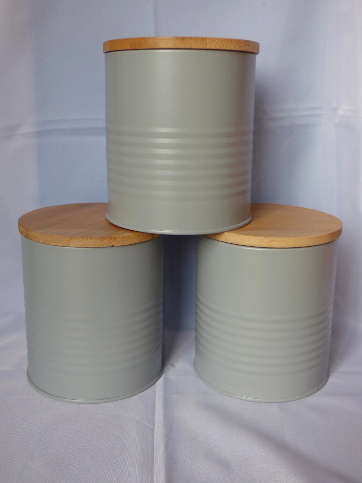 Metal storage canisters set of 3, grey, with bamboo lid
