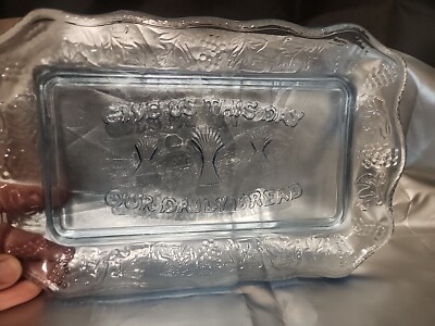 **Tiara Indiana Blue Glass Bread Tray Plate  Give Us This Day Our Daily Bread 