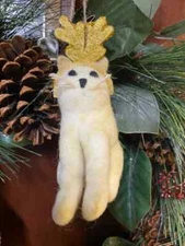 NEW Pottery Barn Set TWO 2 Glitter Felt Cats w/ Antlers Christmas Tree Ornaments