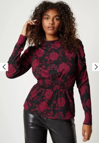 Ladies Dorothy Perkins Floral Rose Black And Burgundy Long Sleeve Top Size Large - Picture 1 of 4