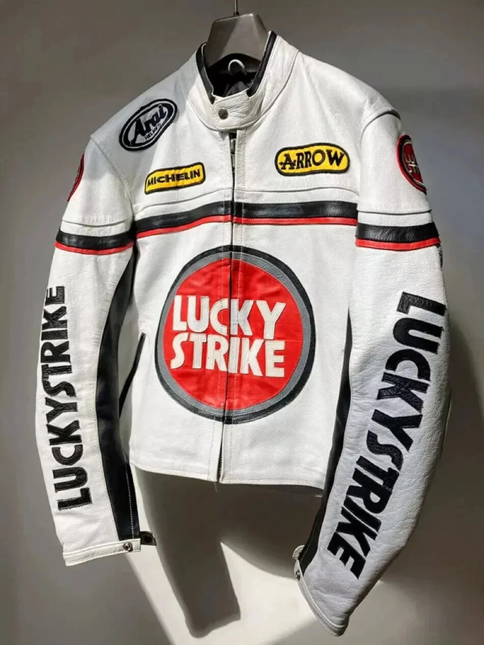LUCKE STRIKE Leather Motorcycle Jacket for Men – Vintage Racing Style