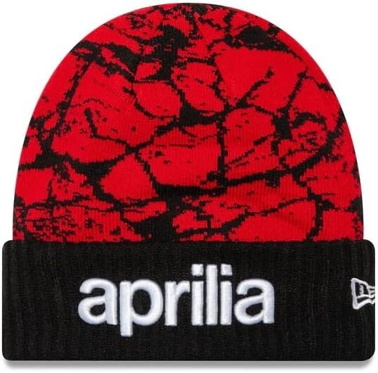 Aprilia Bikes Official Crackle Print Knit Cuff Beanie Hat Red Black Free UK Ship