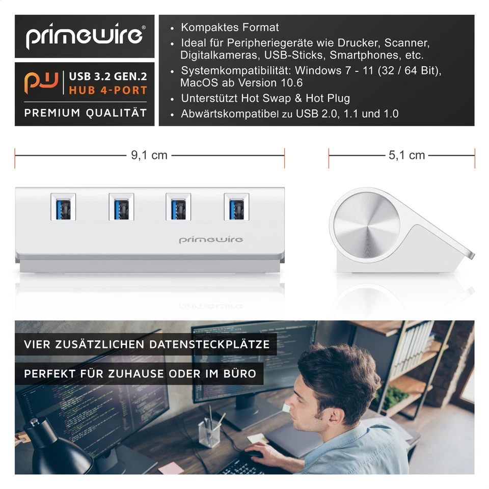 Primewire 4 Port USB HUB USB3.2 Gen2 10 Gbit Typ A zu Micro B Kabel Plug & Play - Bild 2 von 4