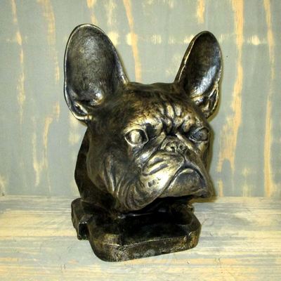 französische Bulldogge KOPF BÜSTE bronze Patina Garten Deko Tier Figur