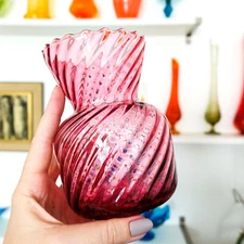 Vintage Cranberry Swirl Optic Art Glass Flower Vase Hand Blown Estate