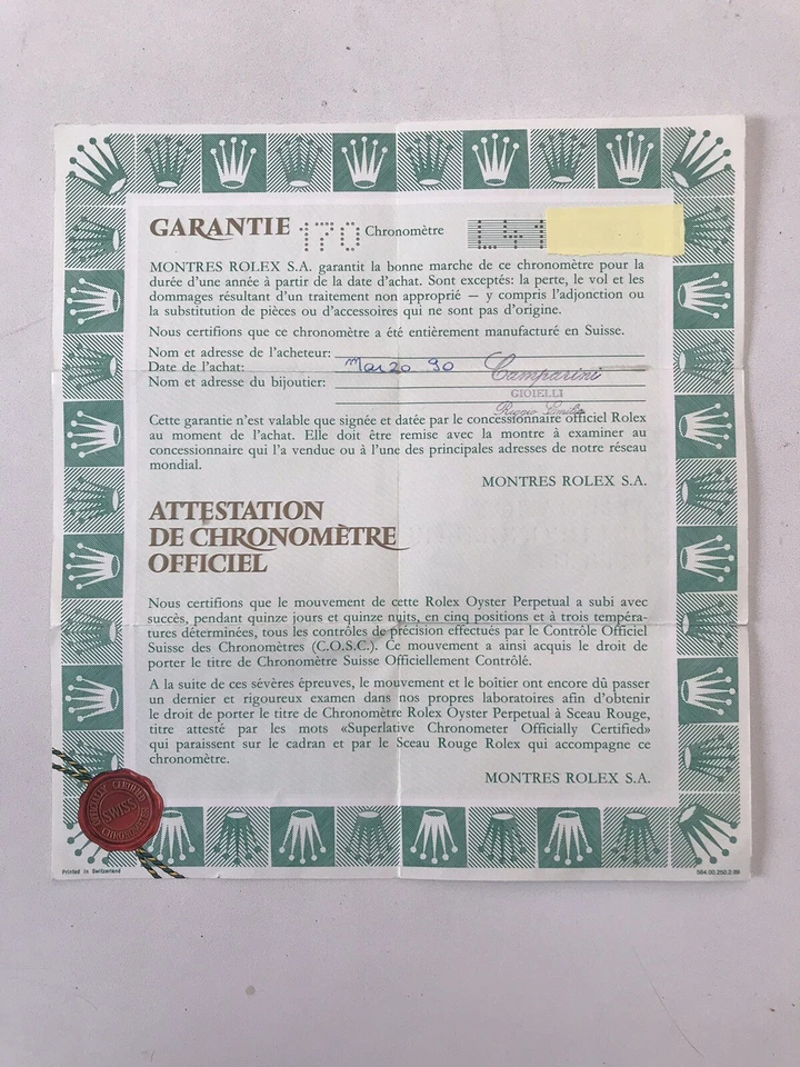 Rolex Date Ref. 15238 Certificato Garanzia warranty Anno 1990 Seriale L. - Immagine 2 di 4