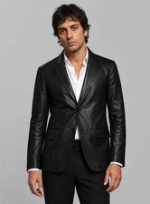 Mens Black Leather Blazer Jacket 2 Button Sport Coat Suit Notch Lapel Smart Casu