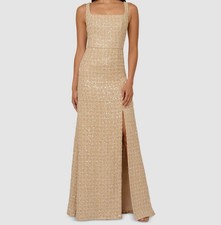 Adrianna Papell Women Beige Sequin Boucle Square Neck Dress Petite Size 4P