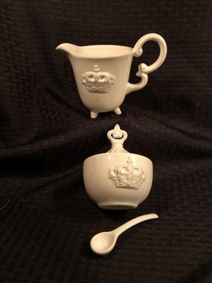 Blue Sky Ceramics RARE Creamer & Sugar Set w/Spoon Crown Motif 2009