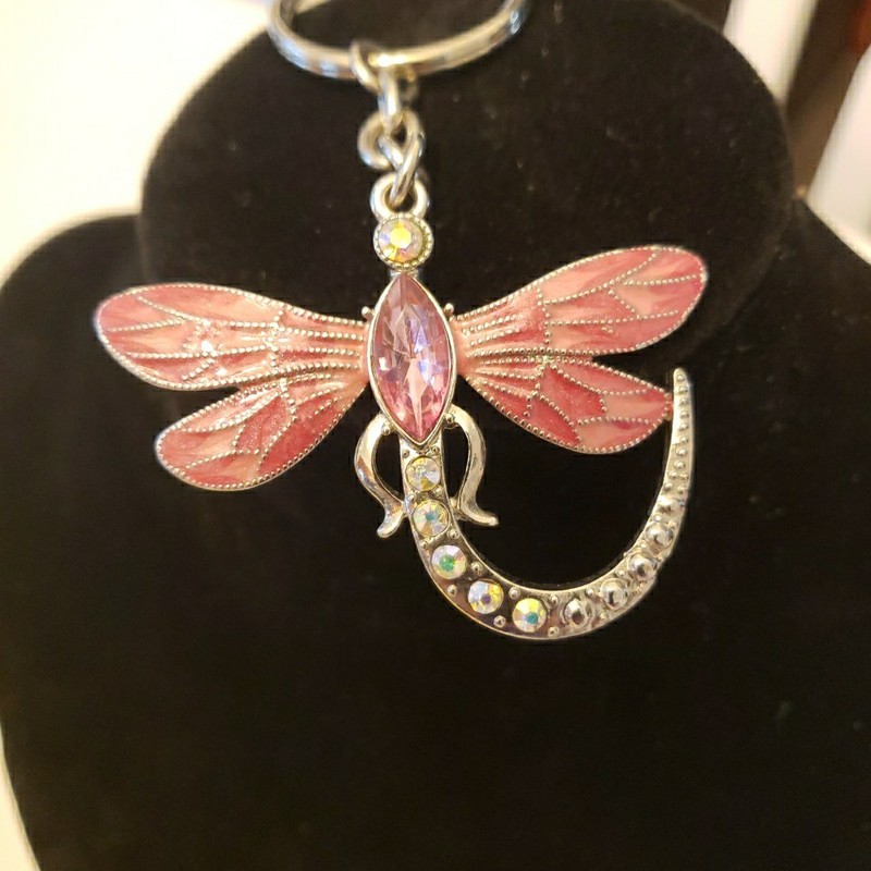 Pink Dragonfly Crystal Silver Toned Keychain