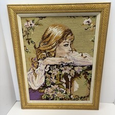 Vtg Handmade Needlepoint Framed Art Young Woman Floral Garden 1970  s Grammacore