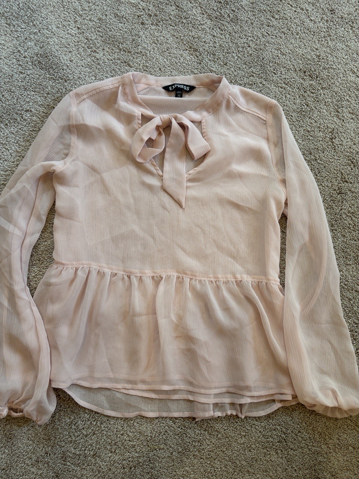Express Women's Pink Sheer Tie Neck Bow Ruffle Long Sleeve Blouse Size XXS