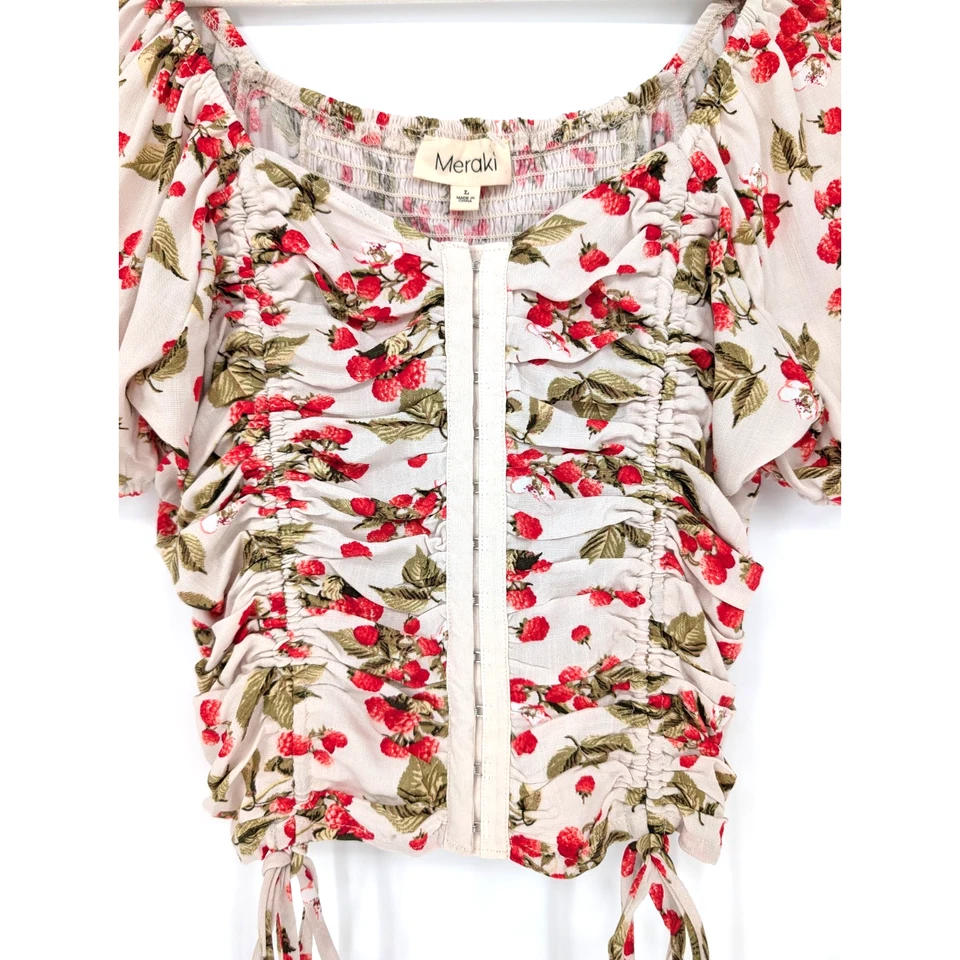 Corsé Top Estampado Fresa Manga Abullonada Cuello Cuadrado Pradera Campesina Lechera L Foto 3 de 4