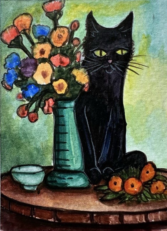 Original ACEO Black Cat Painting Miniature Art Card Ooak By Artist Dulshan C8