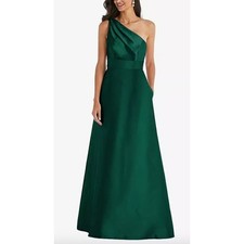 ALFRED SUNG Gown Size 2 NEW Draped One-Shoulder Satin Maxi Pockets Emerald Green