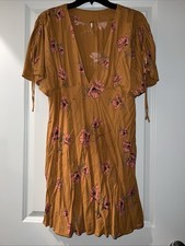 Free People Size 10 Floral Mustard Flutter Sleeve Dress