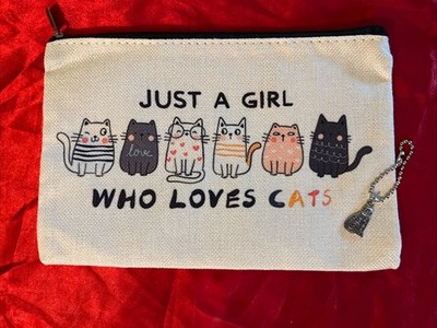 NEW JUST A GIRL WHO LOVES CATS+KEYCHAIN ZIP COIN PURSE POUCH WALLET PENCIL CASE