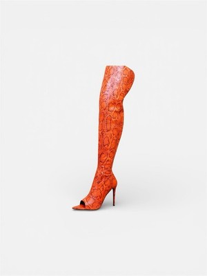Cape Robbin Orange Snakeskin Print Thigh-High Peep Toe Stiletto Boots   Size 8