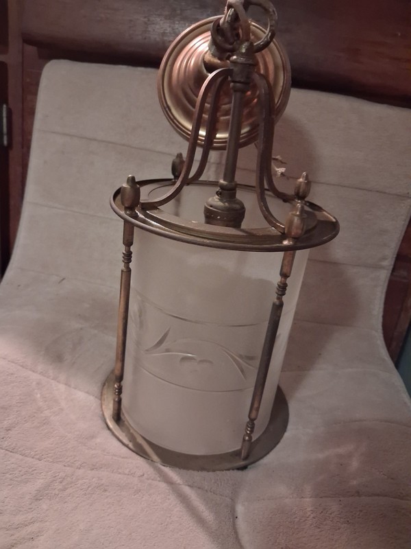 BRASS PENDANT HANGING LIGHT FIXTURE with FROSTED ETCHED CYLINDER SHADE VINTAGE