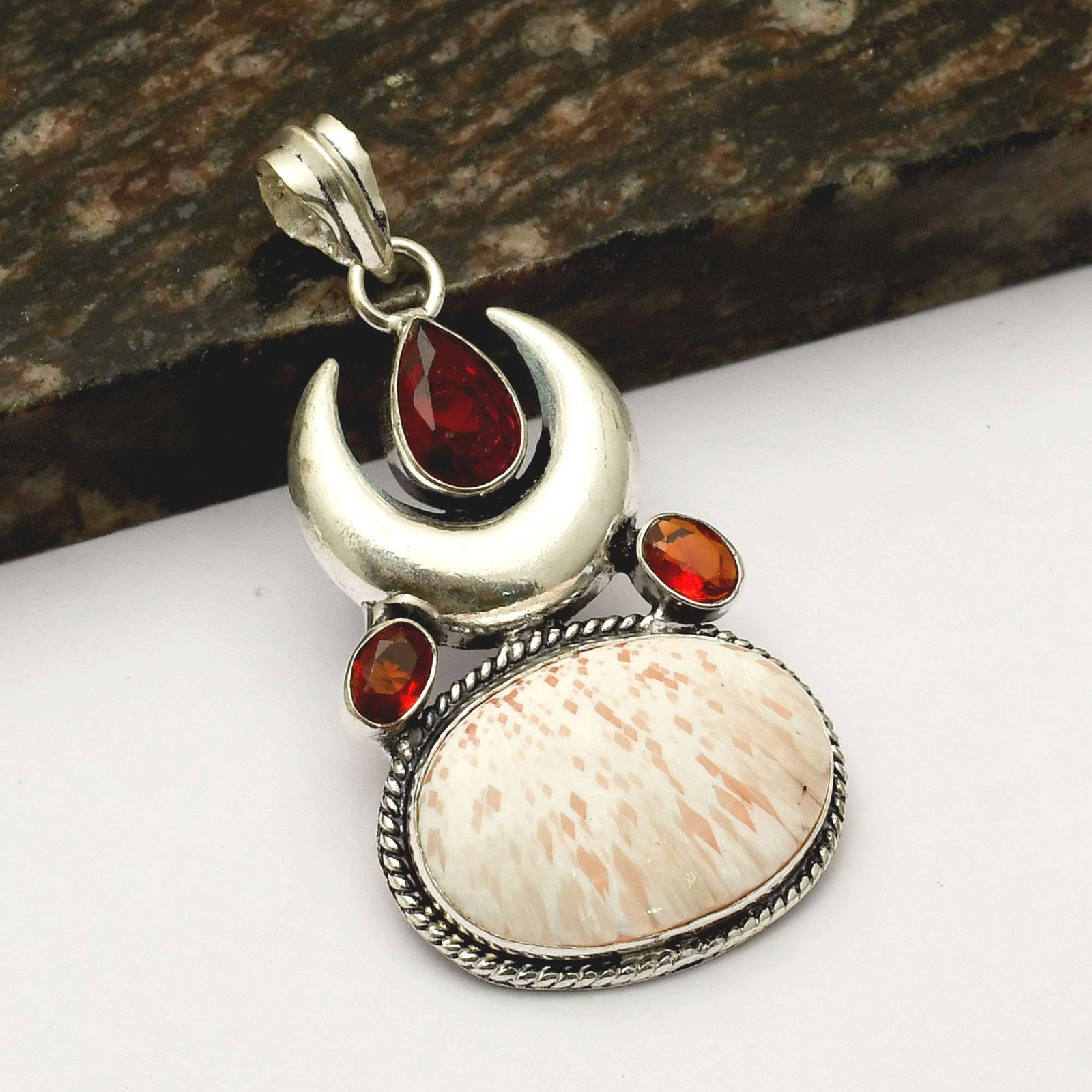 Scolecite Garnet Half Moon Pendant Handmade Jewelry Gift 2.4 Inches AP-43188