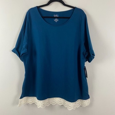 Croft & Barrow French Terry Lace Trim Top Size 2X Short Sleeve Blue Stretch