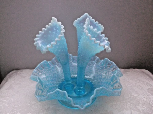Vintage Fenton Blue Epergne Opalescent Diamond Hobnail Glass 9.25”H