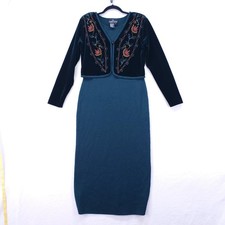 Vintage CAROLE LITTLE Maxi Dress Size M Green Boho Velvet Embroidery Modest