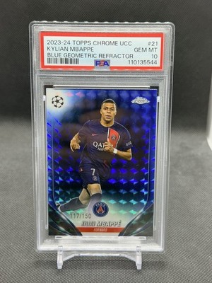 2023-24 Topps Chrome UEFA Club Kylian Mbappe #21 Blue Refractor #117/150 PSA 10