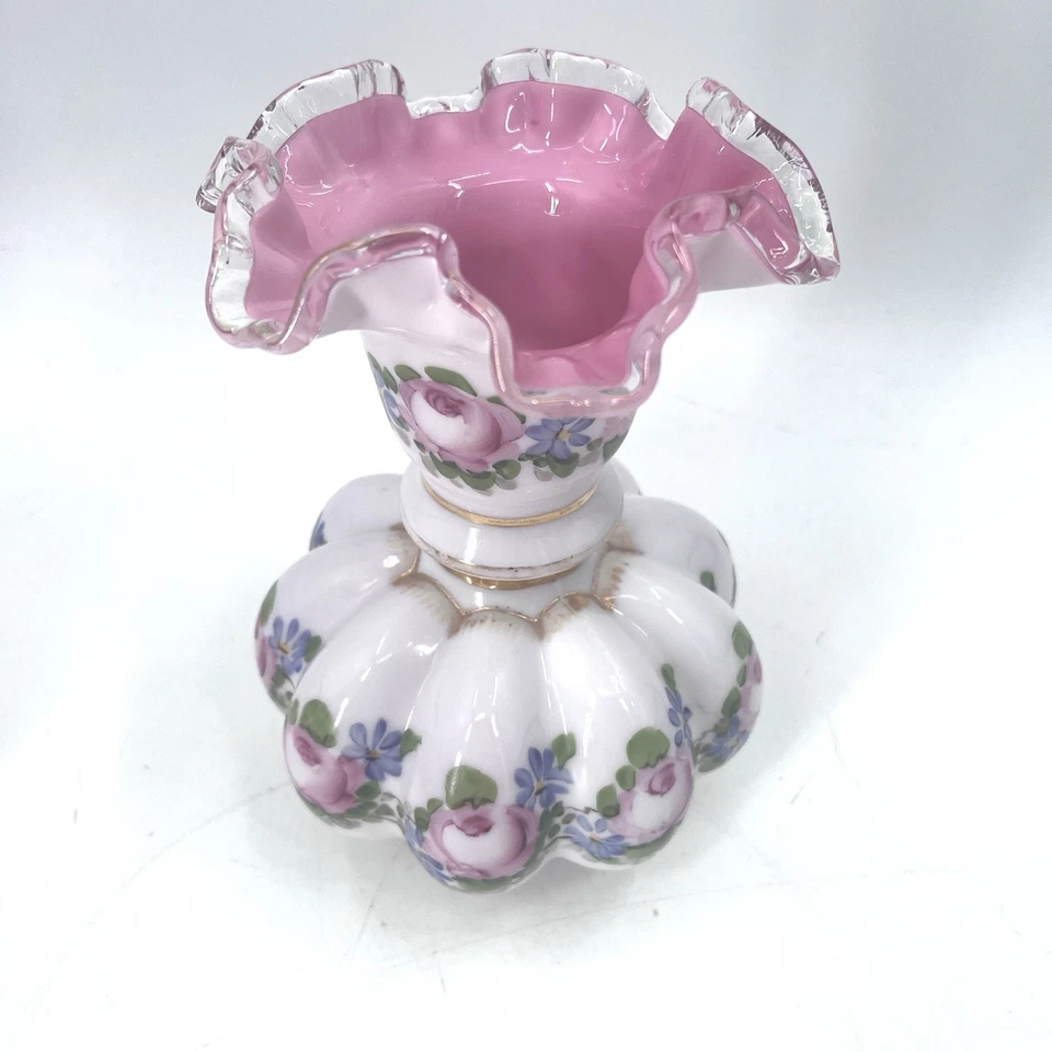 Vintage Fenton Hand Painted Ruffle Rim Charleton Peach Crest Melon Vase 8.5" - Image 2 of 4