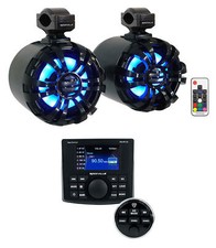 Rockville RGHR-ZA 4 Zone Marine Bluetooth Stereo 2 Black LED Wakeboard Speakers