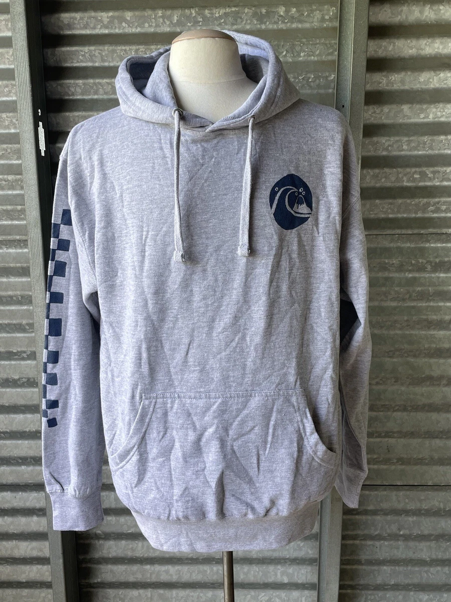 Quiksilver Grey Checker Sleeve Graphic Logo Pull Over Fleece Hoodie Size L