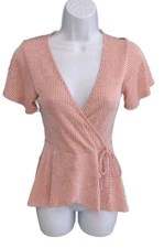 Caution To The Wind Peplum Top Women Junior Small Wrap Style Pink White Striped 