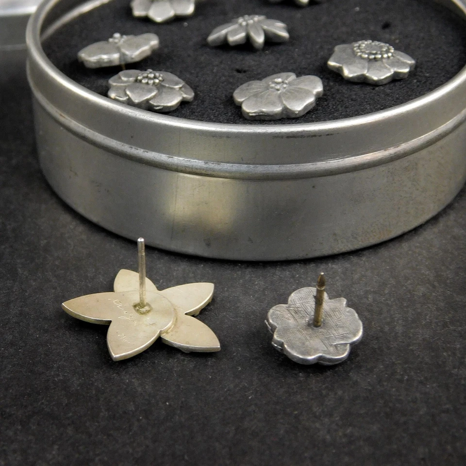 Robinhood Set 8 Floral  Pewter Push Pins Tacs Added 1 Silver Star 925 - Image 4 of 4