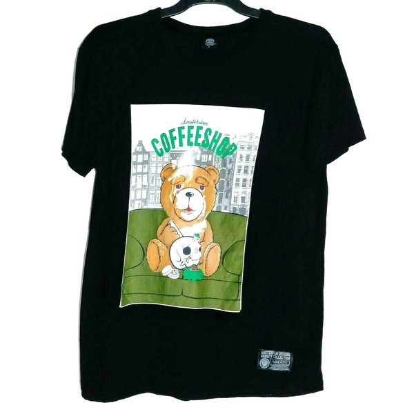Amsterdam Coffeeshop Teddy Print T Shirt - Size L Design Varsity Collection.