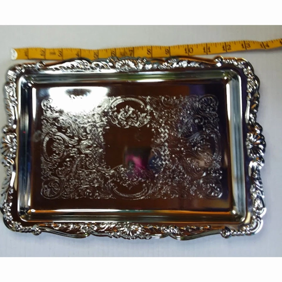 Bandeja de servir vintage Irvinware EUA prata rolada 14" retangular  - Imagem 3 de 4