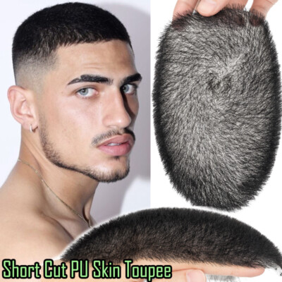 Mens Human Hair Toupee Ultra Thin PU Skin Base Hairpiece System Wig Short Cut US