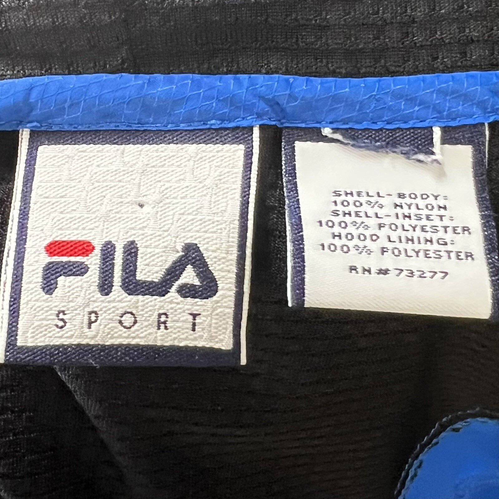 Giacca a vento donna Fila taglia large blu nera zip cappuccio nylon sportivo