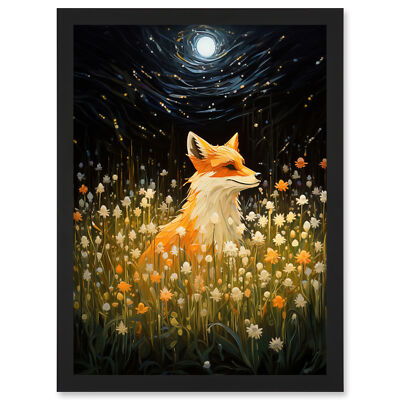 Watching the Fireflies Dance Happy Fox Wildblumenwiese gerahmter Kunstdruck A4