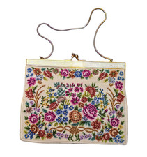 Vintage 60's Needlepoint Floral Embroidered Purse Handbag Tapestry Ivory Chain