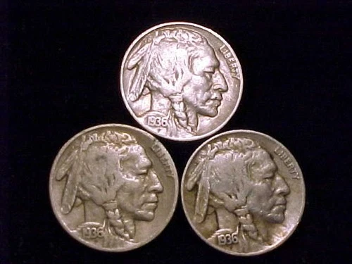 1936-P, 1936-D and 1936-S Fine grade Buffalo Nickels. A (3) Three Coin Lot.
