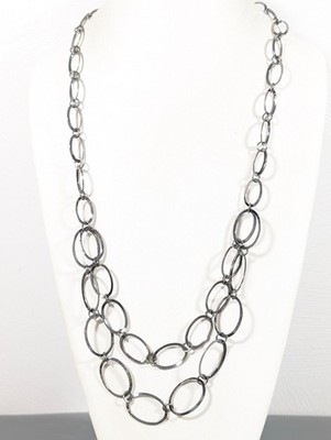 Gray Metallic Double Strand Oval Link Necklace 34'' Modern Statement