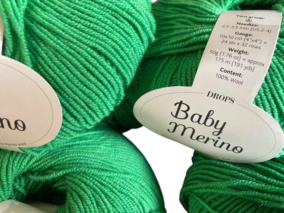 Drops Baby Merino 100% Merino Wool 7 Balls ea  50 g 191 yds Vibrant Green NWT - Image 4 of 4