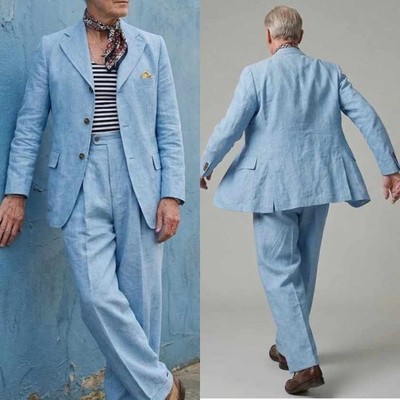 New Men's Summer Lightweight Linen Blend Suits Wide Lapel Blazer Pant Breathable