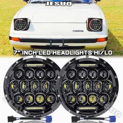 FIT Mazda RX-7 1979-1985 Pair 7'' inch Round LED Headlights Hi/Lo Beam H4 Bulbs