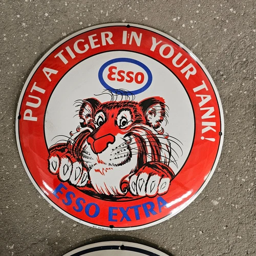 VINTAGE ESSO RED TIGER OLD US GASOLINE OIL GAS PUMP ENAMEL PORCELAIN SIGN