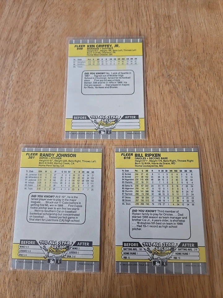 1989 Fleer Billy Ripken #616 BB, Randy Johnson RC 381,  Ken Griffey Jr RC 548 - Image 2 of 2