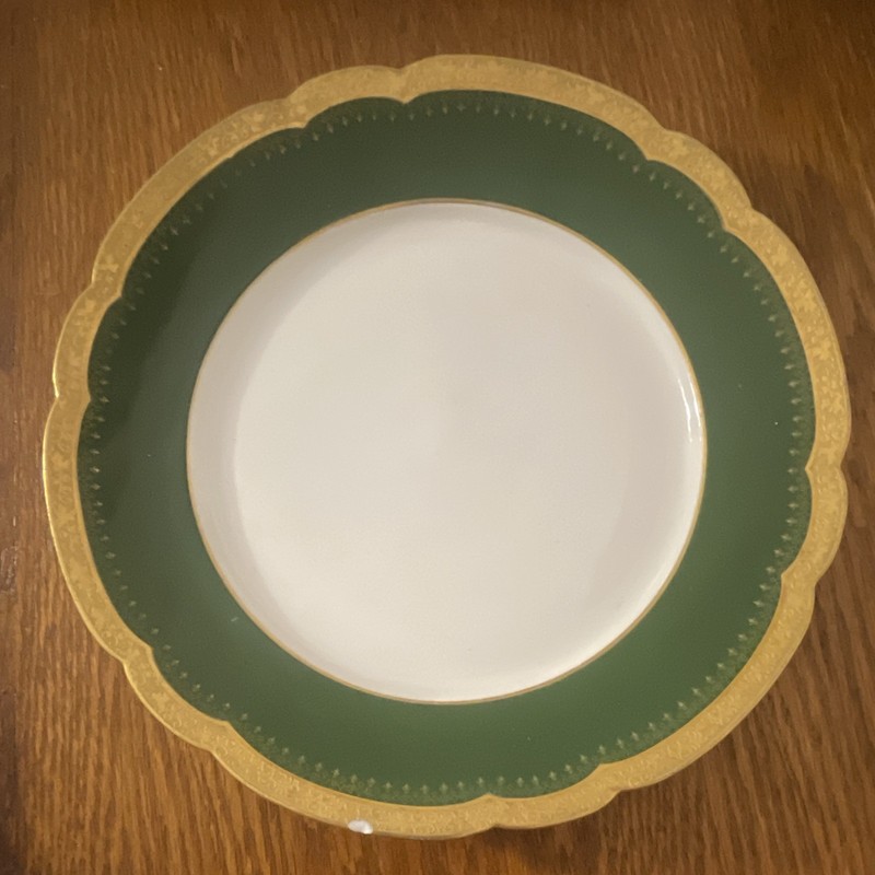 Wedgwood Limoges France Porcelain Plate Green White Gold Scalloped Rim