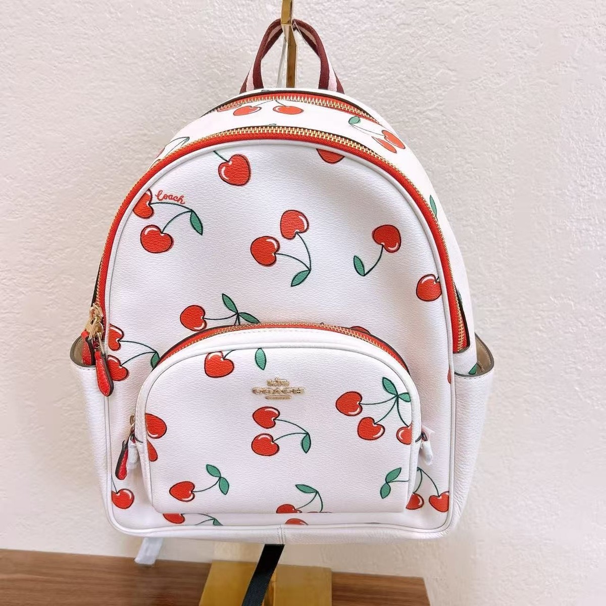 NWT Coach Court Backpack With Heart Cherry Print CE628 Chalk Multi