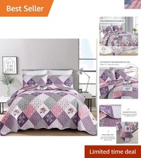 Purple Quilt Set Queen Size Floral Patchwork Bedding Microfiber Lightweigh